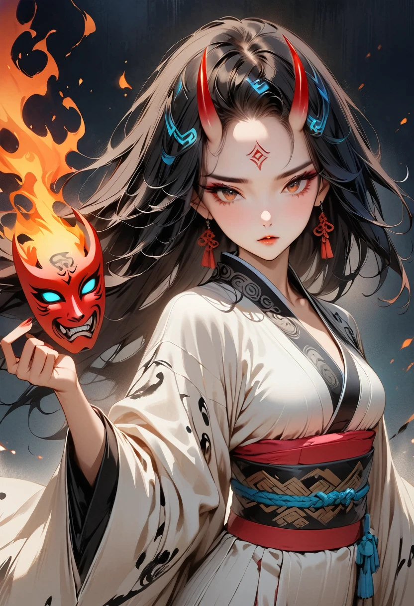 (Masterpiece, Top quality, Best quality, Official art, Beautiful and aesthetic:1.2), Ink painting, (((1 girl))), (((Very detailed forehead tattoo))), (((Anbu mask))) sexy devil,1 girl, wearing a kimono, (2 small oni horns:1.6), fire around her, Glowing body, Colorful, Top detailed, Cold light,  Tattoo