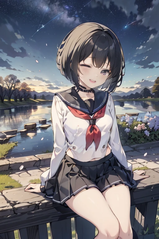  best quality, 1girl, solo, (osanai yuki), __posture__, short hair, black hair, bob cut, bangs, purple eyes, school uniform, red neckerchief, neckerchief, serafuku, sailor collar, socks, black skirt, skirt, long sleeves, pleated skirt, sweater, black socks, sleeves past wrists, black sailor collar, loafers, small breasts, breasts, cowboy shot, __looking__, __expression__, __background__. __posture__：standing\nstanding\n(contrapposto:1.1)\n(contrapposto:1.2)\n(sitting:1.1)\n(sitting:1.2) __looking__：looking_at_viewer\nlooking_at_viewer\nlooking_at_viewer\nlooking_at_viewer\nlooking_back __expression__：smile/nsmile/nsmile/nsmile, open_mouth/nsmile, closed_eyes/nopen_mouth/nshy/nlaughing/nangry/nevil/nlonely/ncrying __background__：outdoors, starry sky, night sky, sunset\nnight, night sky, cloudy sky, meteor, planet, cloud, star (sky), (starry sky:1.2)\n(outdoors), day, blue sky, cloud, nature, tree\noutdoors, day, blue sky, cloud, water\noutdoors, day, grass\ncherry blossoms, tree, outdoors, shooting star, petals, cloud\noutdoors, city, cityscape, scenery, building 