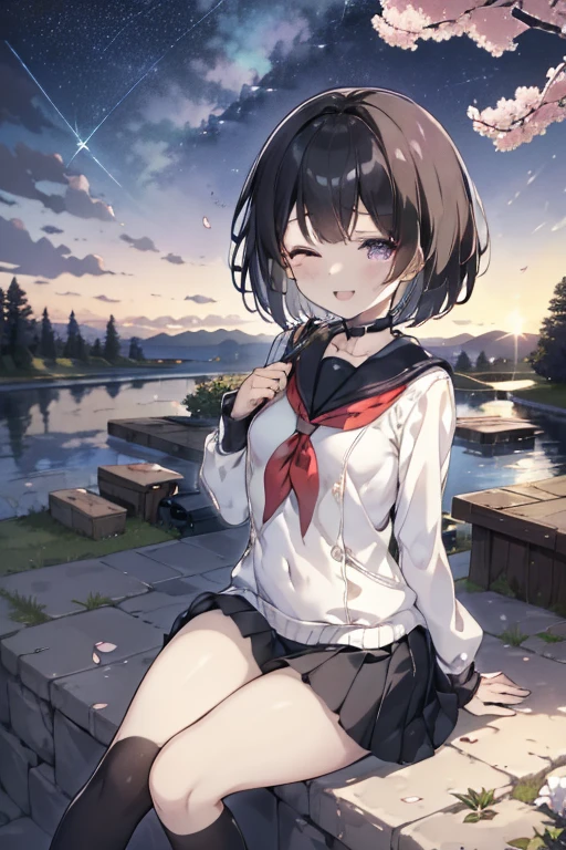 best quality, 1girl, solo, (osanai yuki), __posture__, short hair, black hair, bob cut, bangs, purple eyes, school uniform, red neckerchief, neckerchief, serafuku, sailor collar, socks, black skirt, skirt, long sleeves, pleated skirt, sweater, black socks, sleeves past wrists, black sailor collar, loafers, small , breastsy shot, __looking__, __expression__, __background__. __posture__:standing\nstanding\n(contrapposto:1.1)\n(contrapposto:1.2)\n(sitting:1.1)\n(sitting:1.2) __looking__:looking_at_viewer\nlooking_at_viewer\nlooking_at_viewer\nlooking_at_viewer\nlooking_back __expression__:smile/nsmile/nsmile/nsmile, open_mouth/nsmile, closed_eyes/nopen_mouth/nshy/nlaughing/nangry/nevil/nlonely/ncrying __background__:outdoors, starry sky, night sky, sunset\nnight, night sky, cloudy sky, meteor, planet, cloud, star (sky), (starry sky:1.2)\n(outdoors), day, blue sky, cloud, nature, tree\noutdoors, day, blue sky, cloud, water\noutdoors, day, grass\ncherry blossoms, tree, outdoors, shooting star, petals, cloud\noutdoors, city, cityscape, scenery, building