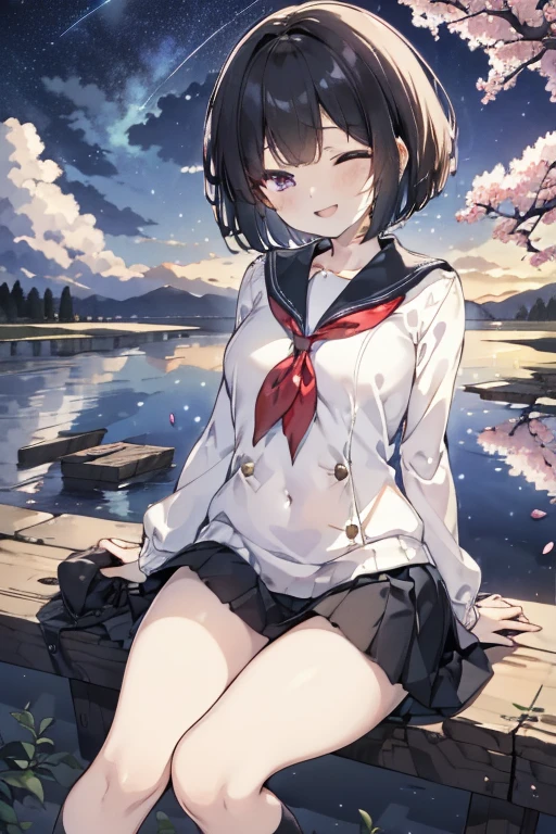  best quality, 1girl, solo, (osanai yuki), __posture__, short hair, black hair, bob cut, bangs, purple eyes, school uniform, red neckerchief, neckerchief, serafuku, sailor collar, socks, black skirt, skirt, long sleeves, pleated skirt, sweater, black socks, sleeves past wrists, black sailor collar, loafers, small breasts, breasts, cowboy shot, __looking__, __expression__, __background__. __posture__：standing\nstanding\n(contrapposto:1.1)\n(contrapposto:1.2)\n(sitting:1.1)\n(sitting:1.2) __looking__：looking_at_viewer\nlooking_at_viewer\nlooking_at_viewer\nlooking_at_viewer\nlooking_back __expression__：smile/nsmile/nsmile/nsmile, open_mouth/nsmile, closed_eyes/nopen_mouth/nshy/nlaughing/nangry/nevil/nlonely/ncrying __background__：outdoors, starry sky, night sky, sunset\nnight, night sky, cloudy sky, meteor, planet, cloud, star (sky), (starry sky:1.2)\n(outdoors), day, blue sky, cloud, nature, tree\noutdoors, day, blue sky, cloud, water\noutdoors, day, grass\ncherry blossoms, tree, outdoors, shooting star, petals, cloud\noutdoors, city, cityscape, scenery, building 