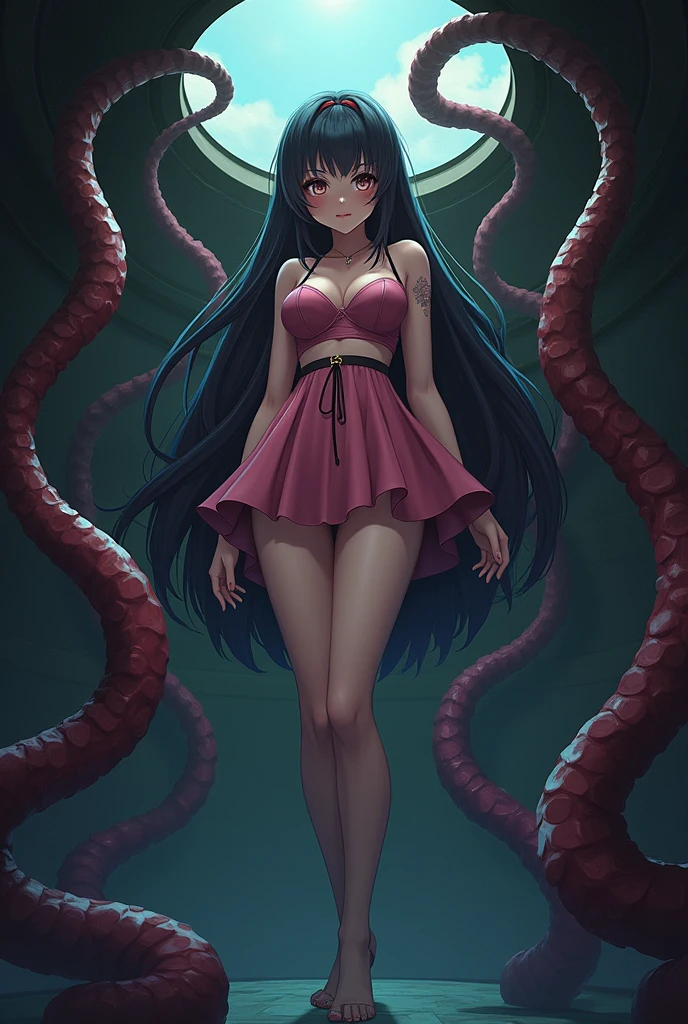 Create a 3d anime character of a woman trapped in a glory hole being harassed by sexual tentacles