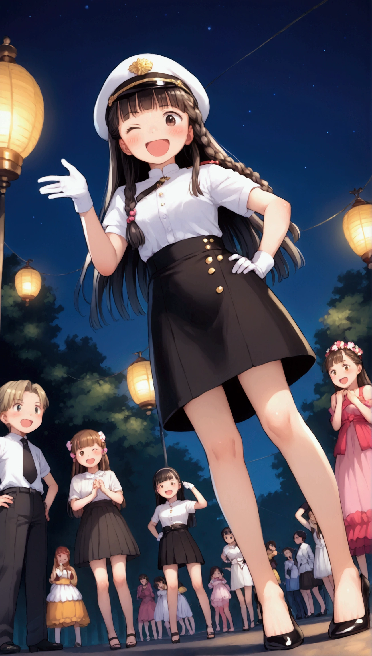 {Highest quality}, {Super beautiful},{Ultra fine},{Best illustration},Brown Hair,Hime cut,long hair,Braid,One woman,Standing Woman,Strike a pose,Adult women,smile,Excited face,Wink,Uniform cap,White Shirt,Short sleeve,long black skirt,White gloves,Night Festival,Blushing,Slender,Black stiletto heels,barefoot,From an angle,From below,Put one hand on your hip,Woman with closed legs,A good friend,