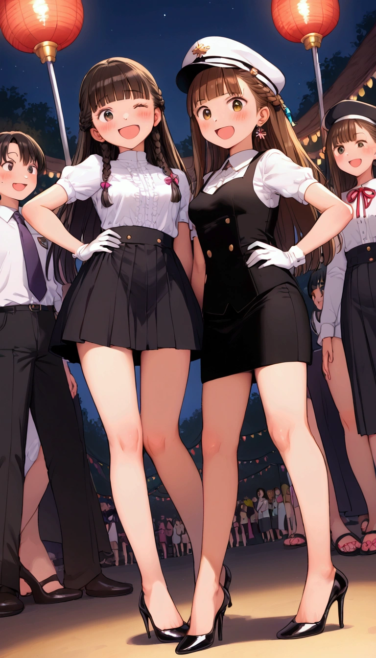 {Highest quality}, {Super beautiful},{Ultra fine},{Best illustration},Brown Hair,Hime cut,long hair,Braid,One woman,Standing Woman,Strike a pose,Adult women,smile,Excited face,Wink,Uniform cap,White Shirt,Short sleeve,long black skirt,White gloves,Night Festival,Blushing,Slender,Black stiletto heels,barefoot,From an angle,From below,Put one hand on your hip,Woman with closed legs,A good friend,