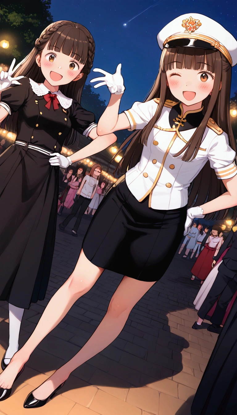 {Highest quality}, {Super beautiful},{Ultra fine},{Best illustration},Brown Hair,Hime cut,long hair,Braid,One woman,Standing Woman,Strike a pose,Adult women,smile,Excited face,Wink,Uniform cap,White Shirt,Short sleeve,long black skirt,White gloves,Night Festival,Blushing,Slender,Black stiletto heels,barefoot,From an angle,From below,Put one hand on your hip,Woman with closed legs,A good friend,