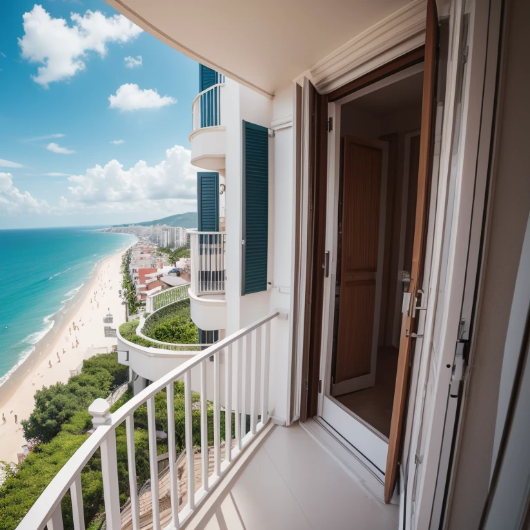 Make an image of a balcony of a building with a view of the sea