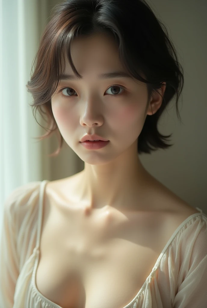 An elegantly dressed Japanese woman in natural light、A close-up of her chest and calm expression.、It shows her inner peace and outer charm.。
The underwear has two strings at the waist、A girl with a short haircut and a bread-like mouth.