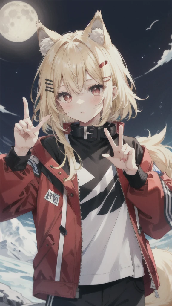 Man,Around 18 years old,Wolf Cut,Blonde,Red eyes,Slanted Eyes,She is wearing a Batten hair clip.,Moon Collar,Black clothes,Red jacket,Looking at me and making a peace sign