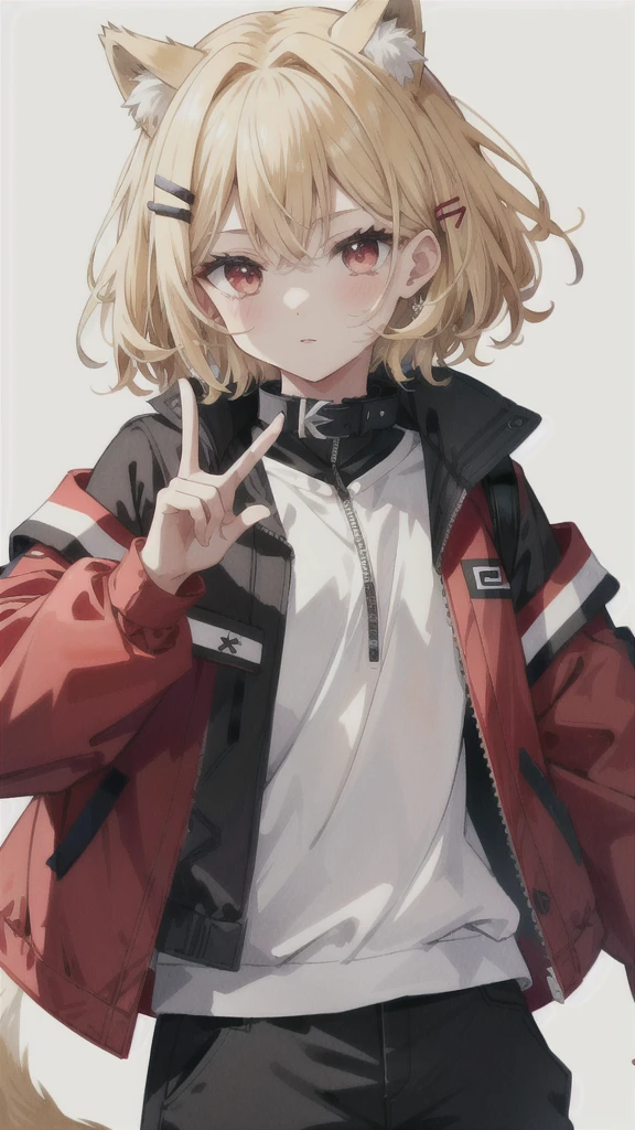 Man,Around 18 years old,Wolf Cut,Blonde,Red eyes,Slanted Eyes,She is wearing a Batten hair clip.,Moon Collar,Black clothes,Red jacket,Looking at me and making a peace sign