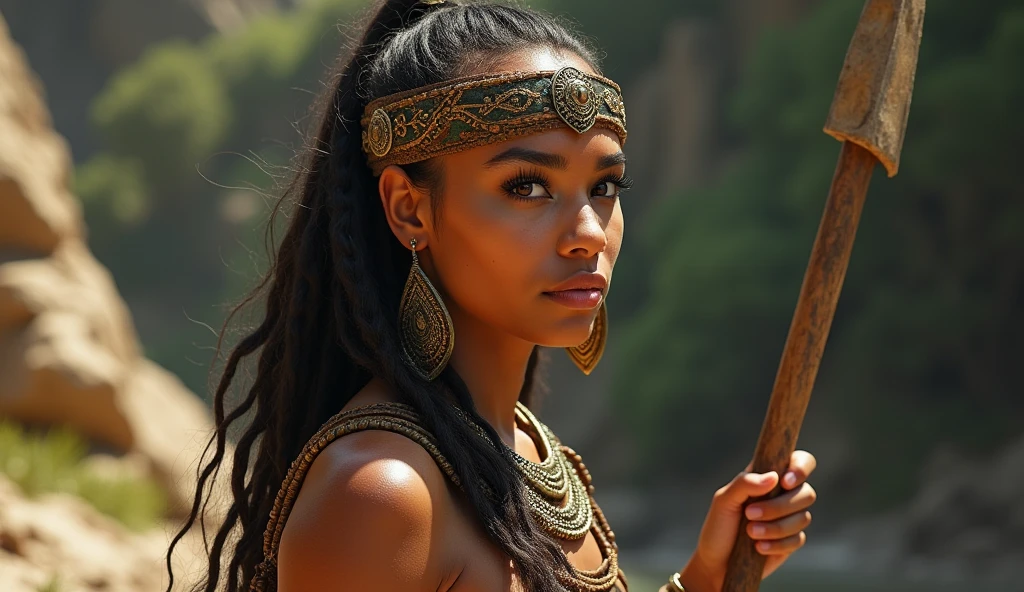 tribe of beautiful women wearing caveman clothing, wielding a spear, detailed facial features, beautiful eyes, long eyelashes, full lips, detailed skin texture, (best quality, 4k, 8k, high resolution, masterpiece: 1.2), ultra detailed, (realistic, photorealistic, photorealistic: 1.37), natural lighting, warm color tones, intricate tribal patterns, rugged environment, lush vegetation, detailed rock formations, dramatic lighting