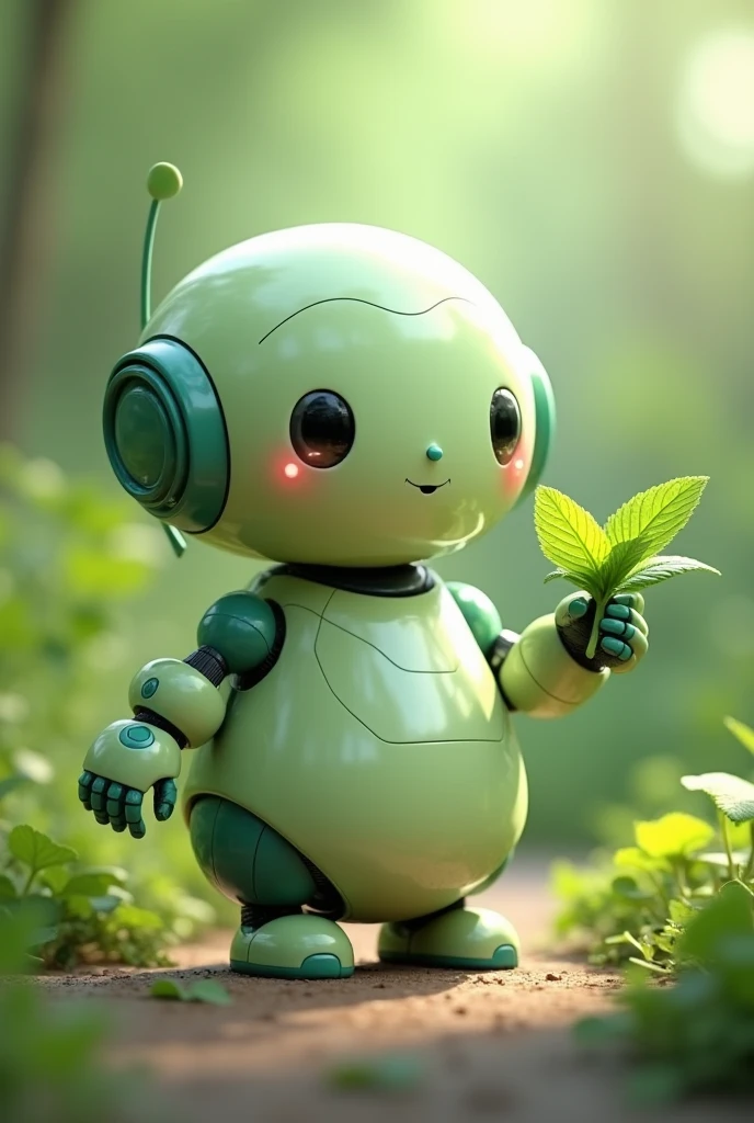 Small, light green, chubby friendly robot with one hand open for help and healing and in the other hand holding a mint leaf 