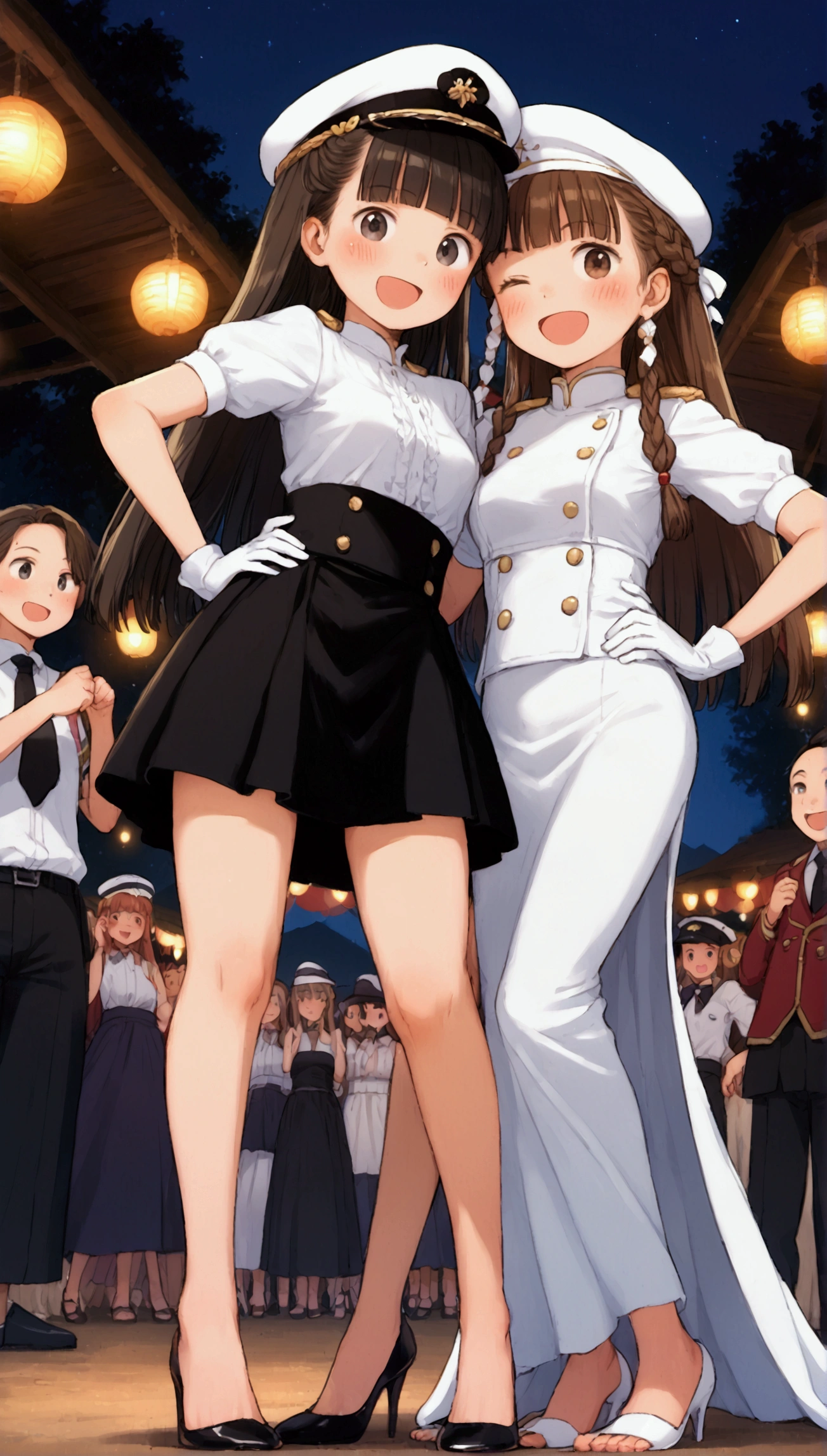 {Highest quality}, {Super beautiful},{Ultra fine},{Best illustration},Brown Hair,Hime cut,long hair,Braid,One woman,Standing Woman,Strike a pose,Adult women,smile,Excited face,Wink,Uniform cap,White Shirt,Short sleeve,long black skirt,White gloves,Night Festival,Blushing,Slender,Black stiletto heels,barefoot,From an angle,From below,Put one hand on your hip,Woman with closed legs,Appealing to be good friends