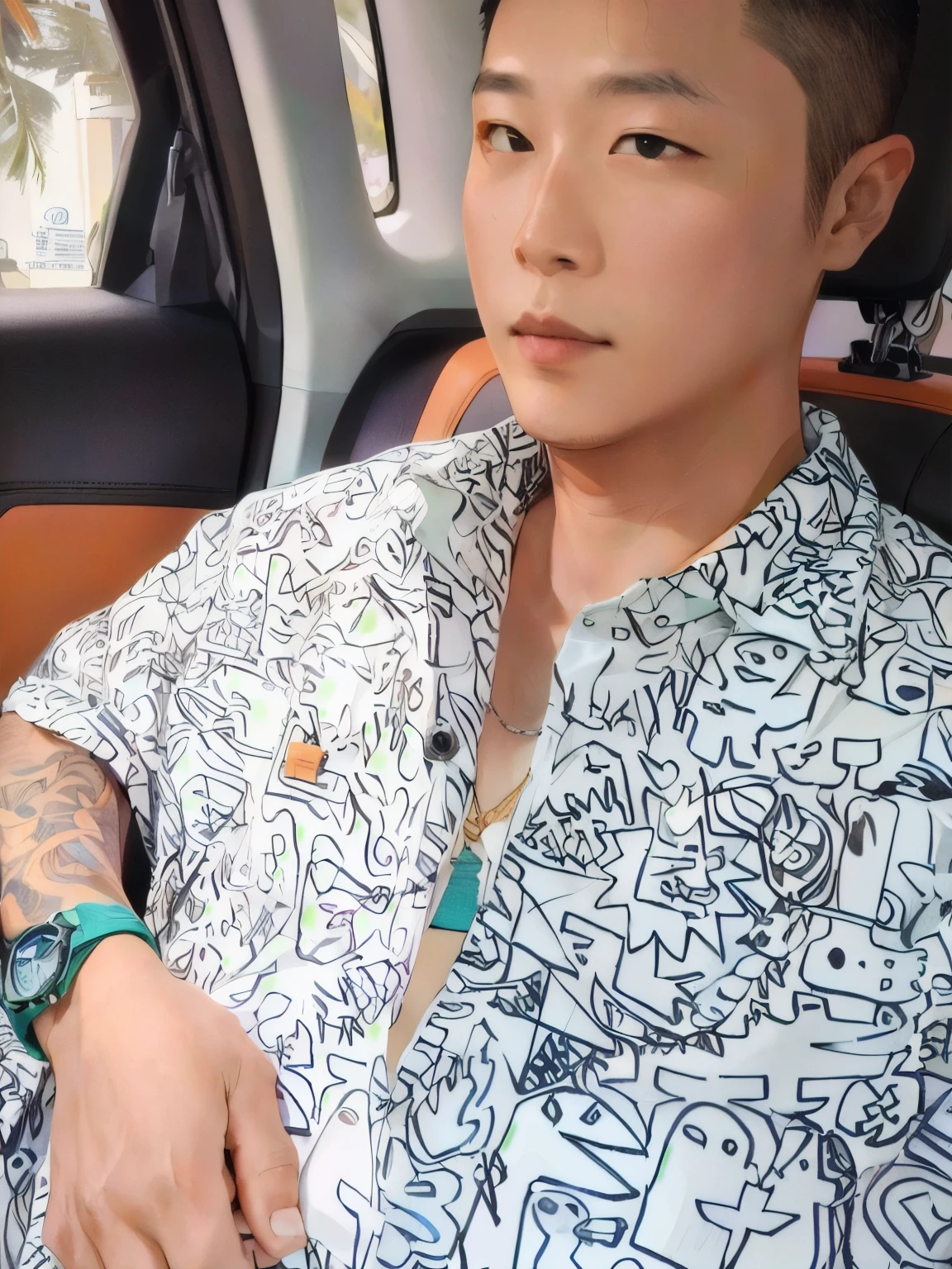a man sitting in a car,with a watch on his wrist, Wearing a parka, Wearing a shirt, with Hawaiian shirts, Shot with Sony Alpha 9, Wear multiple pendants, Hyun Tae, Wearing a shirt, Hawaiian shirts, Inspired by Lee Joong Keun, Summer shirts, Cartoon Style, Kim Jong-ki style, the artist is dressed dirty, Hong Junheng