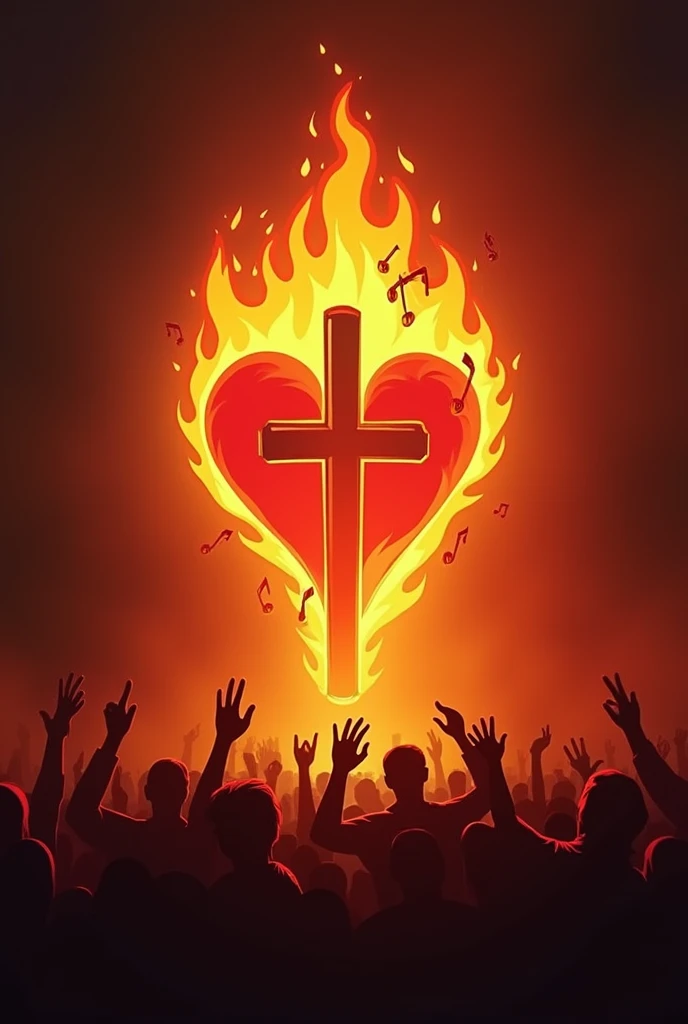 A Catholic music ministry logo, called Burning Fire. flames, Heart, cross of christ, musical notes and crowd. PICTURE REALISTIC.