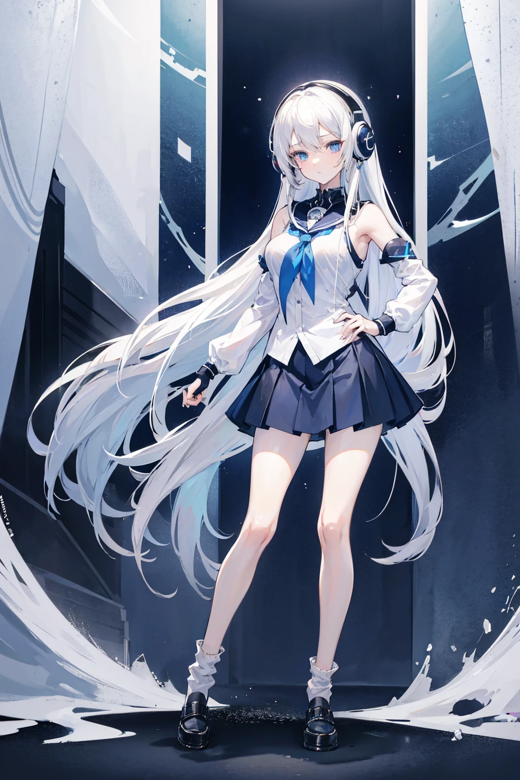 anime girl, 1 person, silver white hair, shoulder length hair, wearing headphones, dark blue eyes, women's shirt, dark blue skirt, short skirt, sockings, black sockings, big breasts, shy face, full body, solo, high quality images