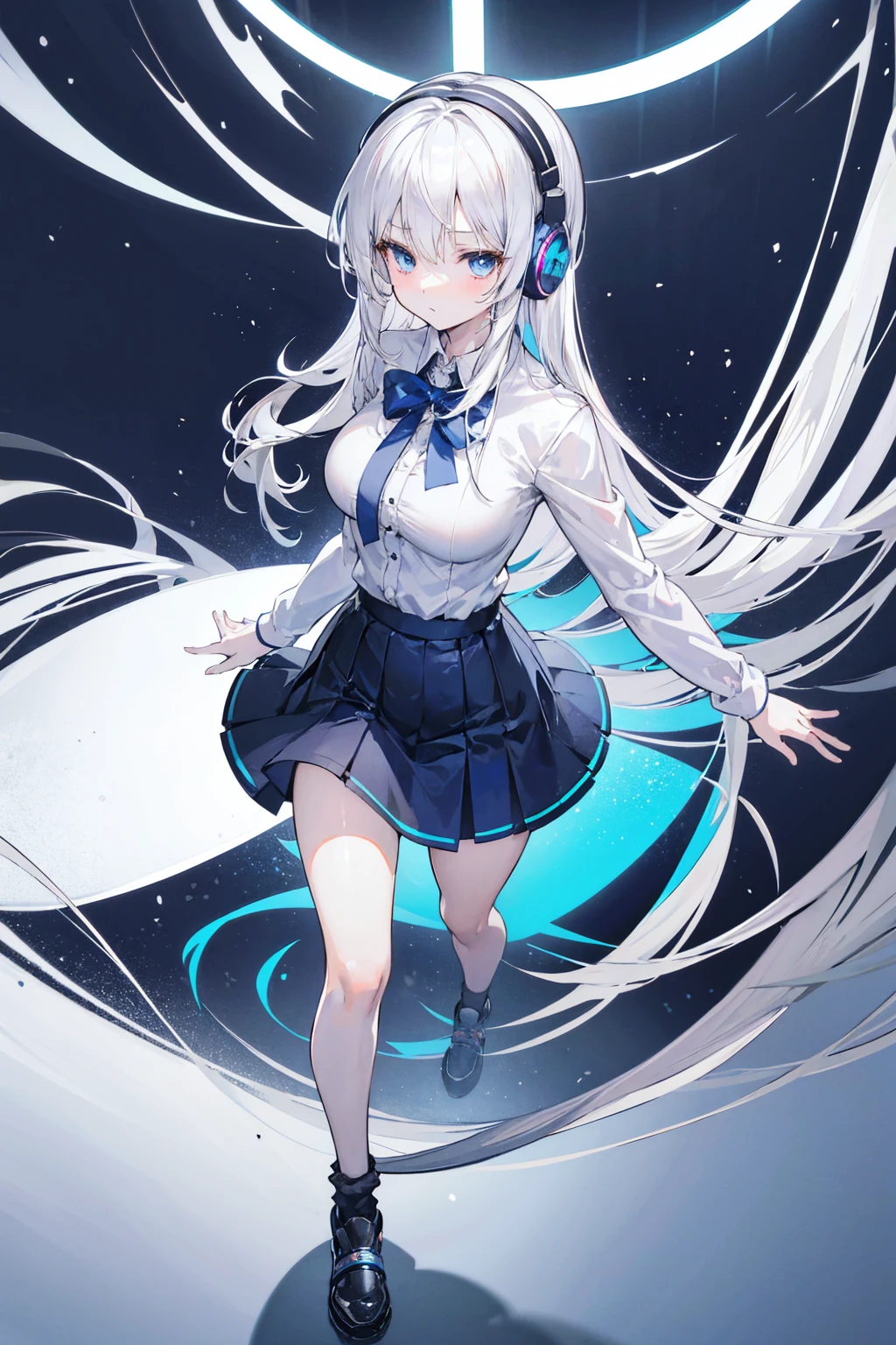 anime girl, 1 person, silver white hair, shoulder length hair, wearing headphones, dark blue eyes, women's shirt, dark blue skirt, short skirt, sockings, black sockings, big breasts, shy face, full body, solo, high quality images