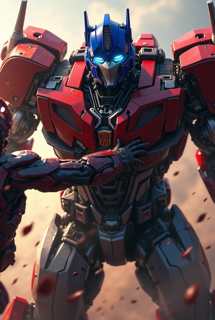 Optimus Prime, giant robot, punching Kirito, Kirito in pain, blood, dramatic action scene, highly detailed, cinematic lighting, dynamic pose, epic scale, 8k, photorealistic, award winning digital art