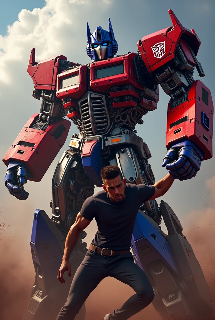 Optimus Prime, giant robot, punching Kirito, Kirito in pain, blood, dramatic action scene, highly detailed, cinematic lighting, dynamic pose, epic scale, 8k, photorealistic, award winning digital art