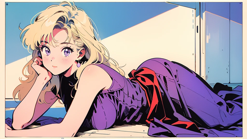 (Highest quality:0.8)、(Highest quality:0.8)、Very detailed、Analog illustration、Koto Tsumi \(style\)、masterpiece、Highest quality、Full body portrait of a woman、1990、Comic Strip、Art Illustration、blonde、sexy、Purple Dress、Lying down