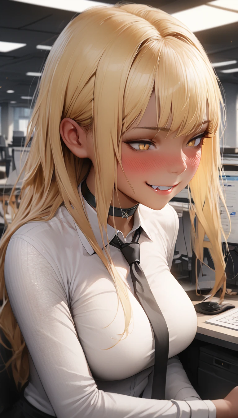 Browsing Caution, masterpiece, (Highest quality:1.2), (Sharp focus:1.2),, 1 girl, Slim girl,, (blonde|Light_Yellow Hair), Cat ear,, Detailed face, young|Cute Face, blush, Wicked Smile,, Natural Breasts, Thin arms,, White collared shirt and black tie, Black choker,, In a modern office, indoor, (Realistic skin texture:1.3), rtrophto1