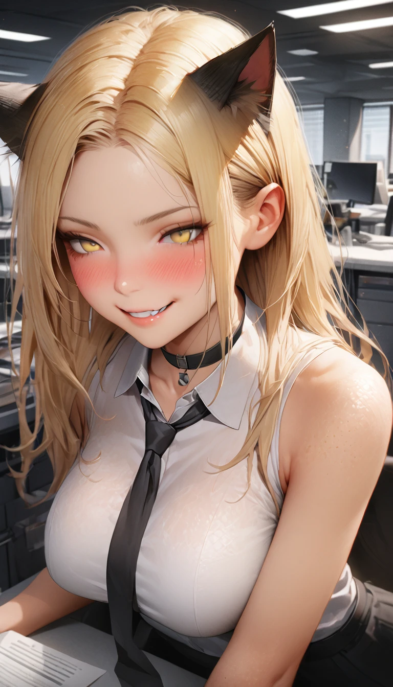 Browsing Caution, masterpiece, (Highest quality:1.2), (Sharp focus:1.2),, 1 girl, Slim girl,, (blonde|Light_Yellow Hair), Cat ear,, Detailed face, young|Cute Face, blush, Wicked Smile,, Natural Breasts, Thin arms,, White collared shirt and black tie, Black choker,, In a modern office, indoor, (Realistic skin texture:1.3), rtrophto1