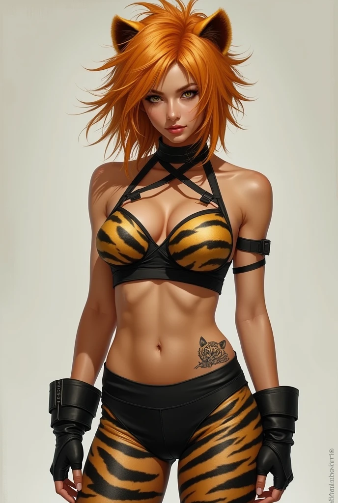 (photorealism:1.2), beautiful woman,
Age: 17
Height: 165 cm (5'5")
Body Shape: Lean and agile with toned abs.
Chest Size: 34B
Eye Color: Golden with a feline-like slit.
Hairstyle: Wild, spiky, shoulder-length orange hair, resembling lion mane.
Clothing Style: A cropped top with tiger stripes and tight leggings, paired with fingerless gloves.
Tattoo Position: Tiger stripes tattooed along her thighs.