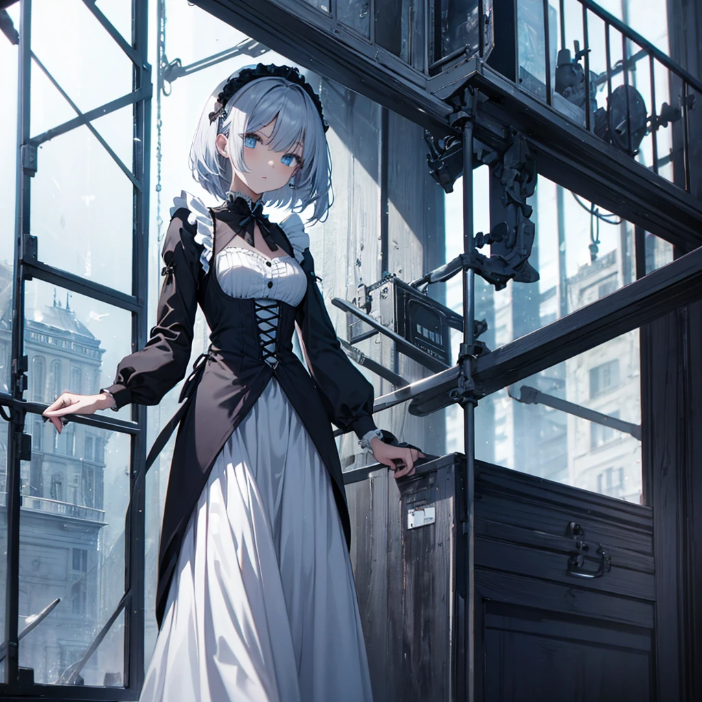 {{{Expressionless}}},{{{{One Woman}}}},{{{Age 35}}},{{{{{Mature Woman}}}}},{{{{{solo}}}}},small ,{{{{{Hide your hands}}}}},Maid clothes,Gothic Maid,Long skirt,Sharp medium long straight hair,Long sleeve,Long Bangs,Silver short-cut hair, Hollow Eyes,Highest quality,Delicate background,8k wallpaper,Frills,Super Detail,pastel blue eyes,Narrow eyes,beautiful buildings in london,{{{One Face}}},Two arms,2 Foot,{{{{{Have nothing}}}}},Perfect skeleton
