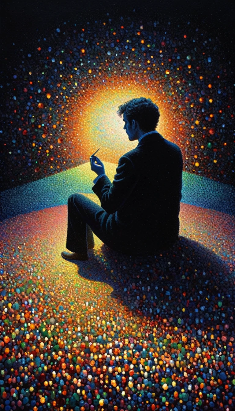 pointillism, a tormented genius contemplates the futility of things and concludes that everything is useless, micro dots representing blind spots, 8k, work of art, Brilliant composition, deep dark contrast, minimal use of colors