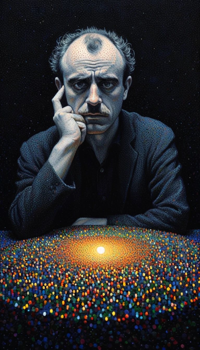 pointillism, a tormented genius contemplates the futility of things and concludes that everything is useless, micro dots representing blind spots, 8k, work of art, Brilliant composition, deep dark contrast, minimal use of colors