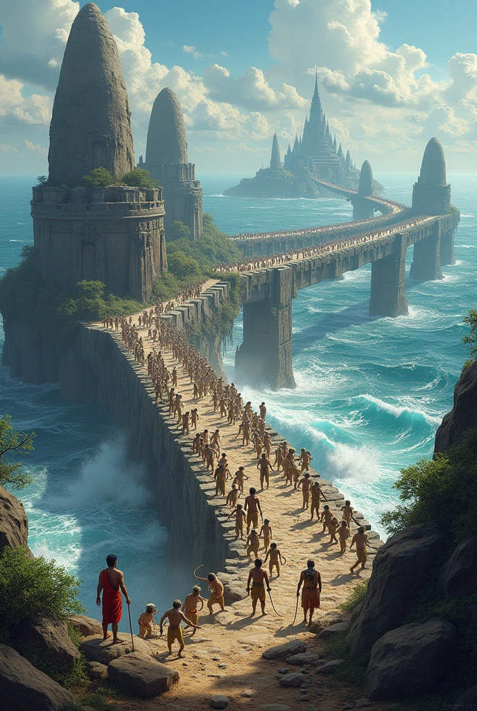 **Building the Bridge:** Show the monkey army, led by Hanuman and other characters, working together to construct the bridge. Chunks of floating stones being placed in the water, with Rama and Lakshmana overseeing the construction.