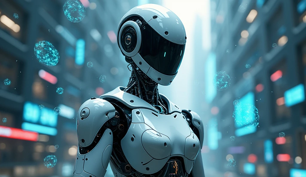 The image shows a highly anthropomorphic robot surrounded by various advanced technological elements such as data streams, sensors, artificial intelligence algorithms, etc. The background could be a futuristic city or laboratory with a silver and blue tech colour scheme.