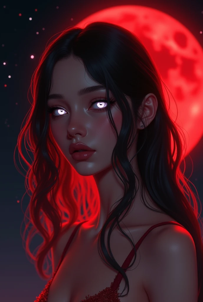 1girl, beautiful face, ((white eyes)), sexy pose, Red moon in the background, stars, space, (lightroom:1.13), soft light, (natural skin texture:1.2), (hyperrealism:1.2), sharp focus, focused,[[realistic]]