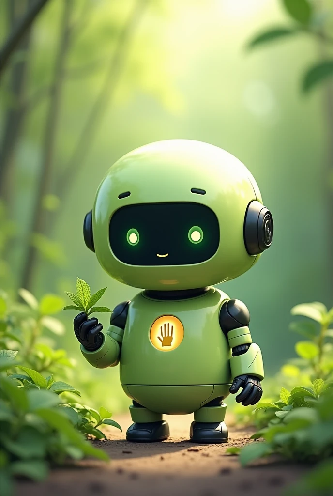 Small light green robot with an open hand symbol on its chest, friendly with a mint leaf in hand