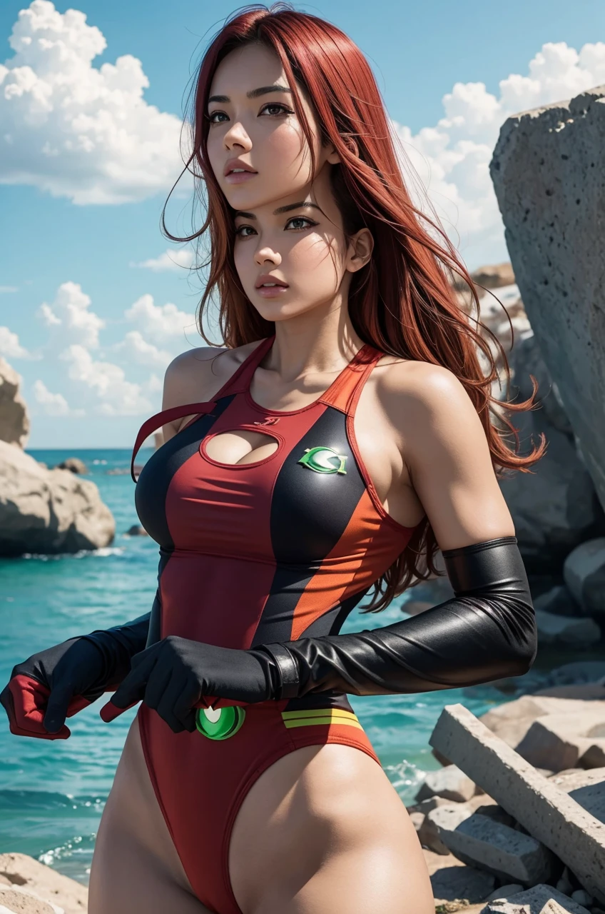 female sunset shimmer Vivid crimson with brilliant yellow stripes tank top green lantern one piece swimsuit speedo sport shoes gloves justice league tower background anime series human