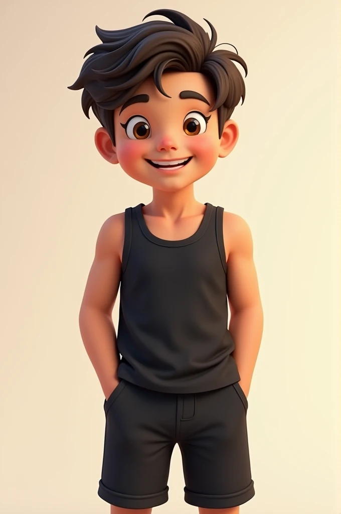 Black tank top、Black shorts、Cheerful boy