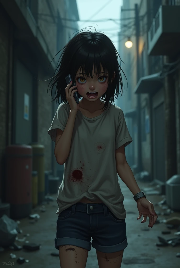 An image of an injured girl calling the police