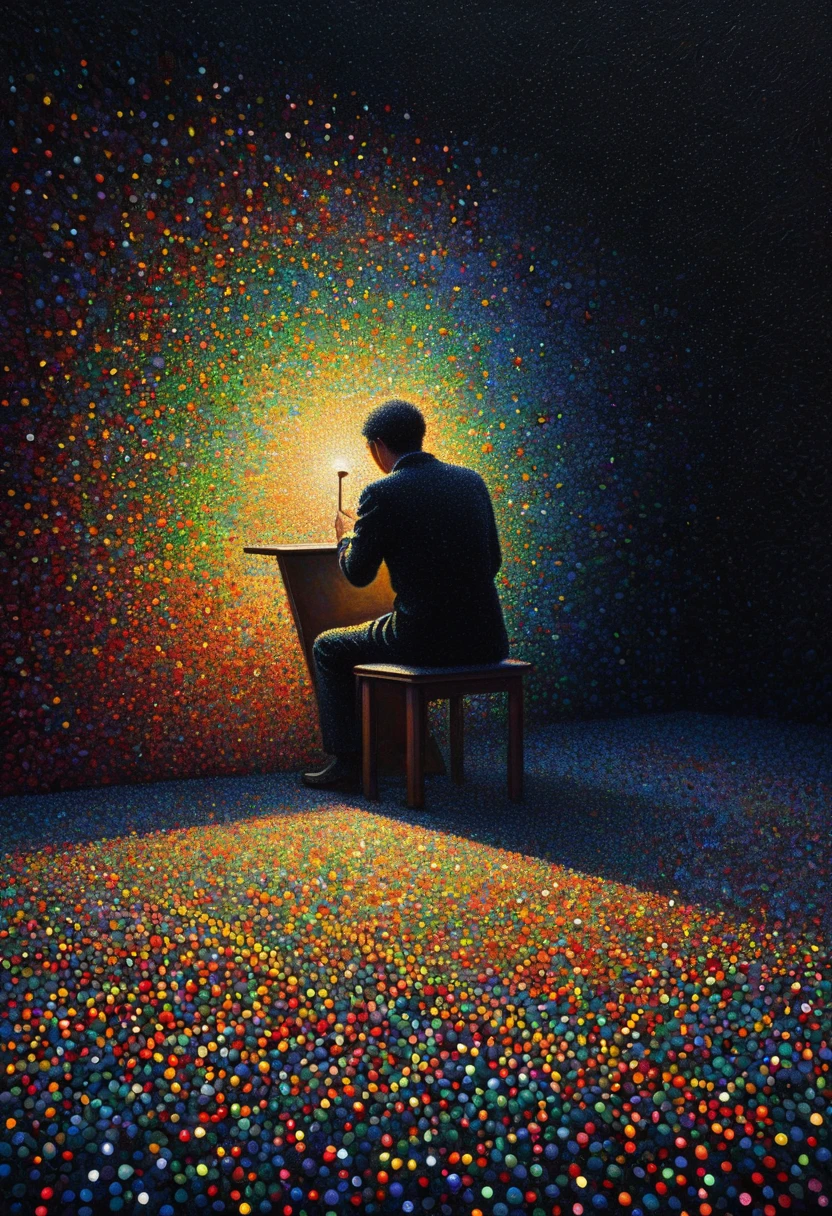 pointillism, a tormented genius contemplates the futility of things and concludes that everything is useless, micro dots representing blind spots, 8k, work of art, Brilliant composition, deep dark contrast, minimal use of colors