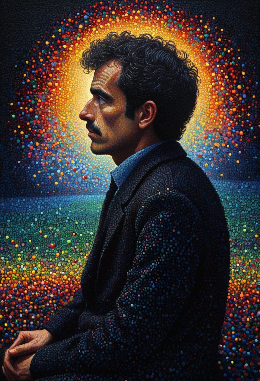 pointillism, a tormented genius contemplates the futility of things and concludes that everything is useless, micro dots representing blind spots, 8k, work of art, Brilliant composition, deep dark contrast, minimal use of colors
