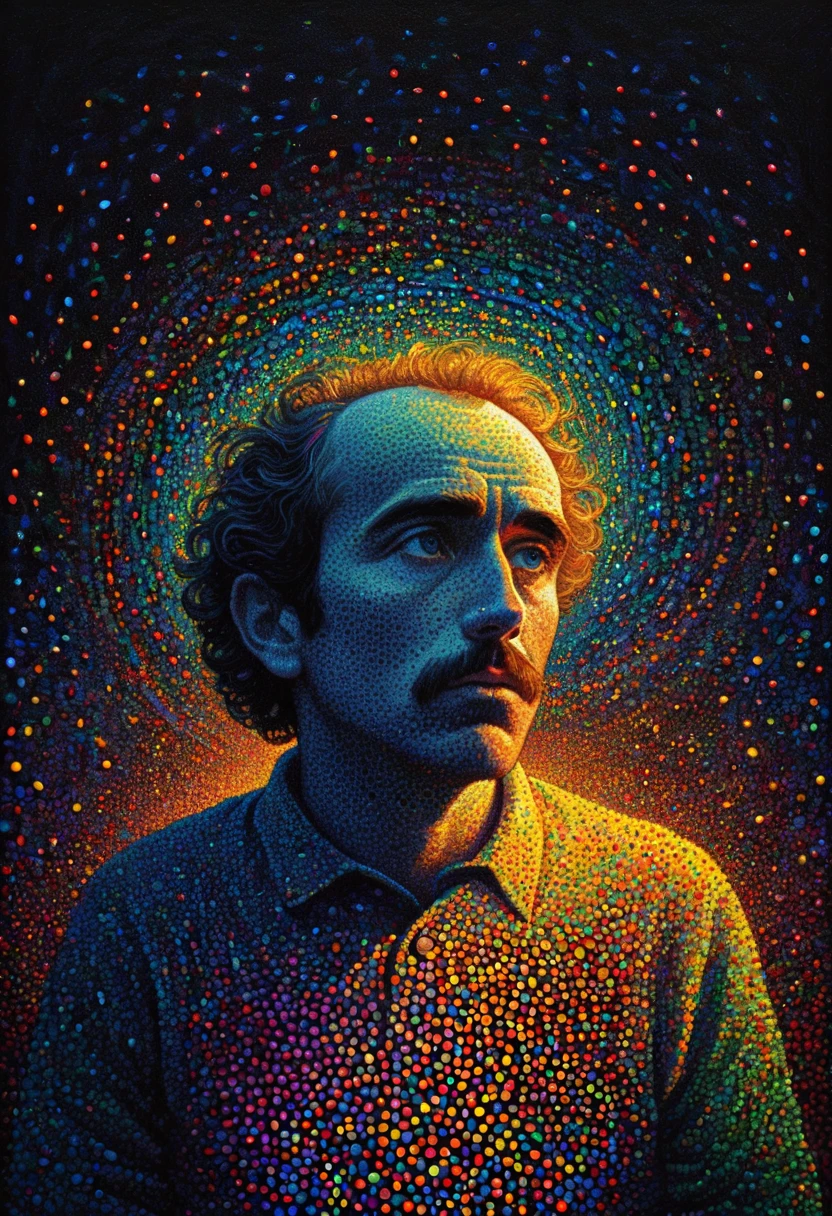 pointillism, a tormented genius contemplates the futility of things and concludes that everything is useless, micro dots representing blind spots, 8k, work of art, Brilliant composition, deep dark contrast, minimal use of colors