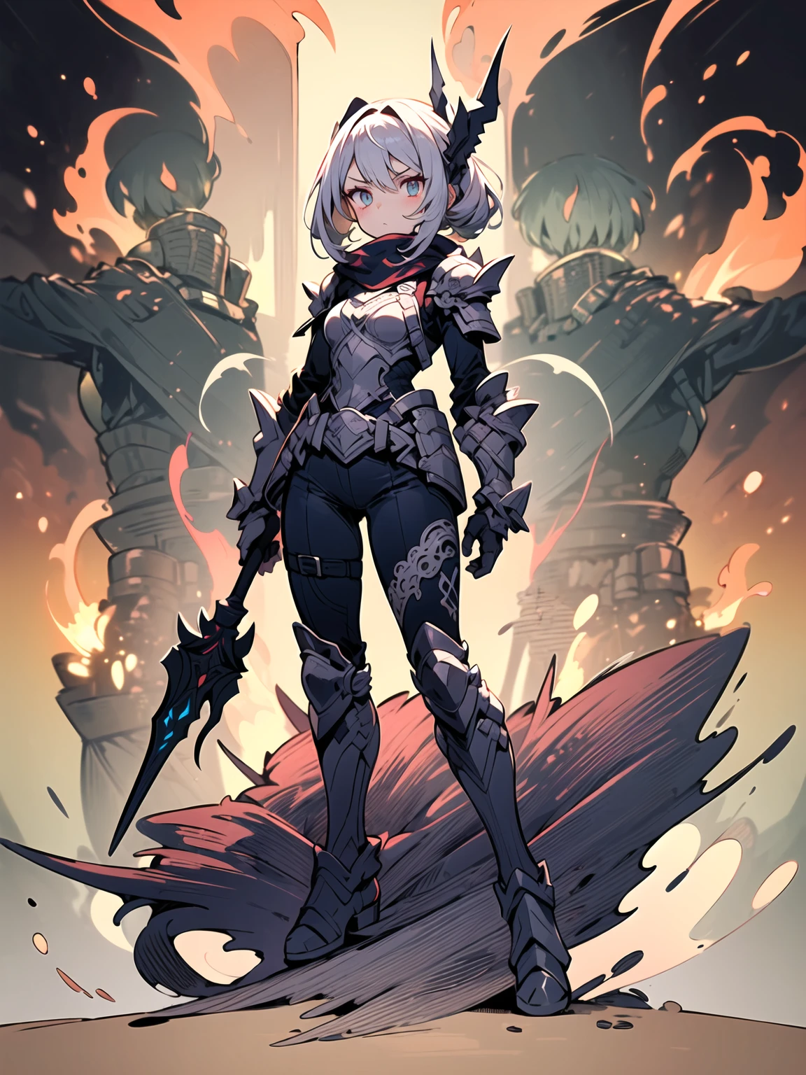 (((masterpiece, best quality, high detailed, 16k))) (1girl) A fierce girl donning armor reminiscent of Black WarGreymon, her eyes burning with determination and strength. Her hair is a stark black with streaks of silver, flowing around her fierce expression. She wears a dark, metallic armor, adorned with menacing spikes and intricate patterns of red and black, echoing the design of a powerful Digimon warrior. The armor is both robust and sleek, offering maximum protection while enhancing her intimidating presence. She wields a massive, clawed gauntlet, and her stance exudes readiness for battle. Around her, a dark aura pulses with raw energy, hinting at her immense power and relentless spirit. ((full body view:1.4))
