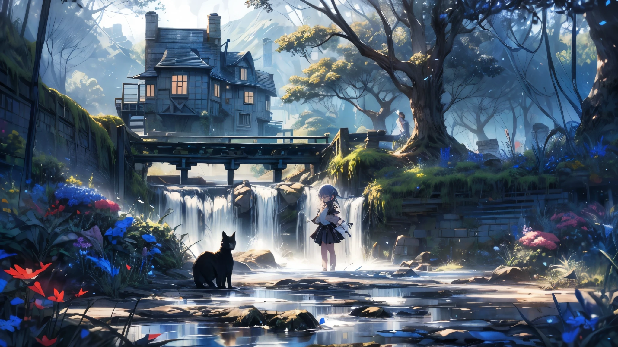 A girl is looking up at the sky by the river. Behind her is a water mill made of white bricks. There is a meadow and a mountain stream running through it. A black cat is sleeping at the girl's feet.