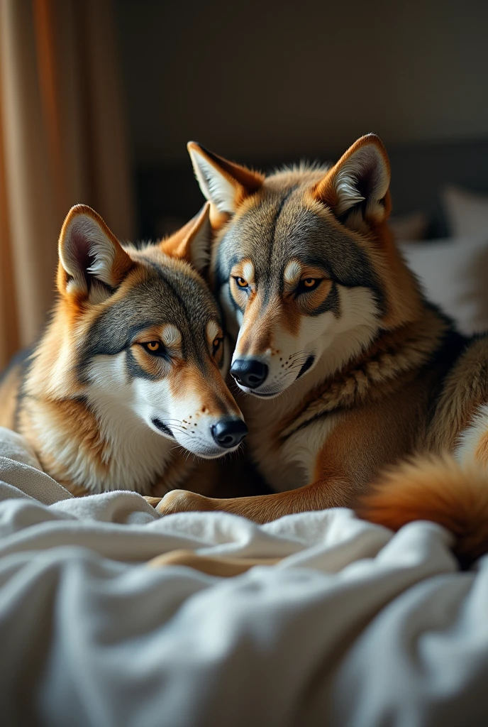 Two wolves anthropomorphized,On the bed,,One on top of the other,Micro sweating