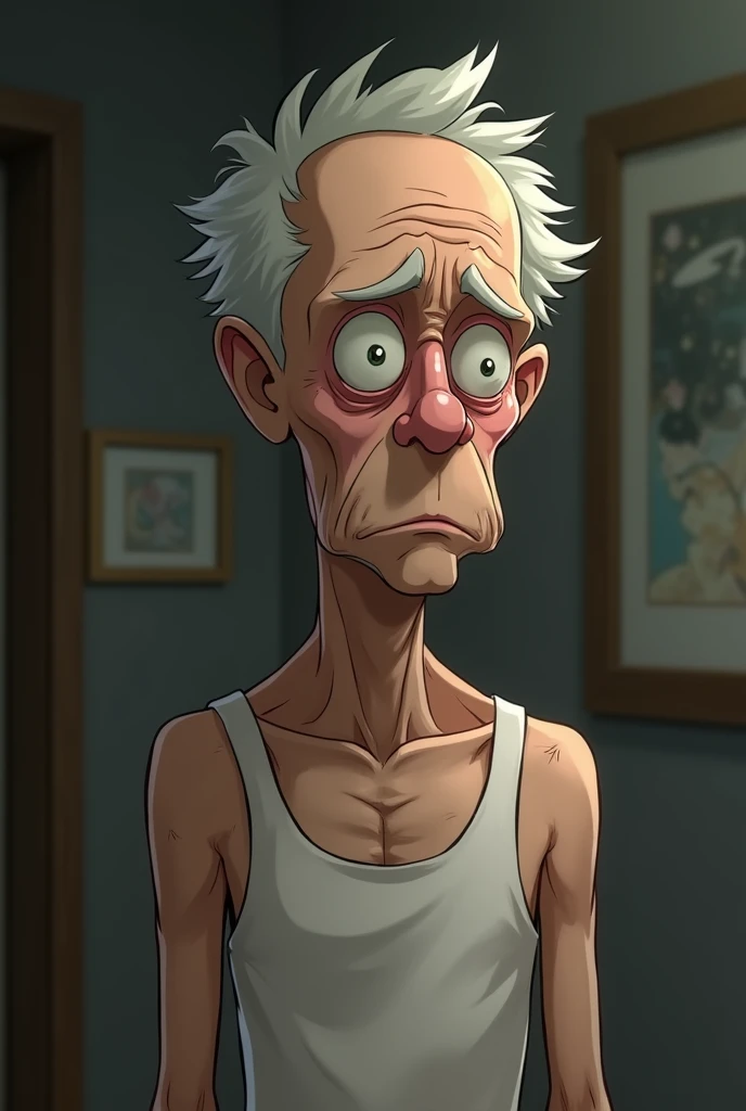Old man, anime style, scared, short, skinny, pathetic, looking at camera, wearing a wife beater l.