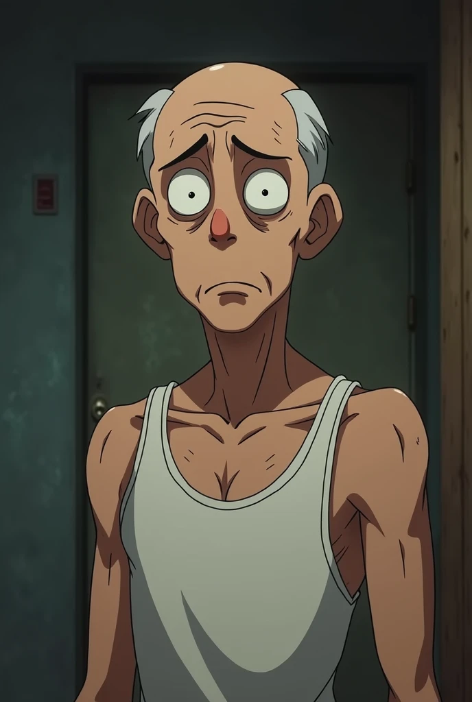 Old man, anime style, scared, short, skinny, pathetic, looking at camera, wearing a wife beater l.