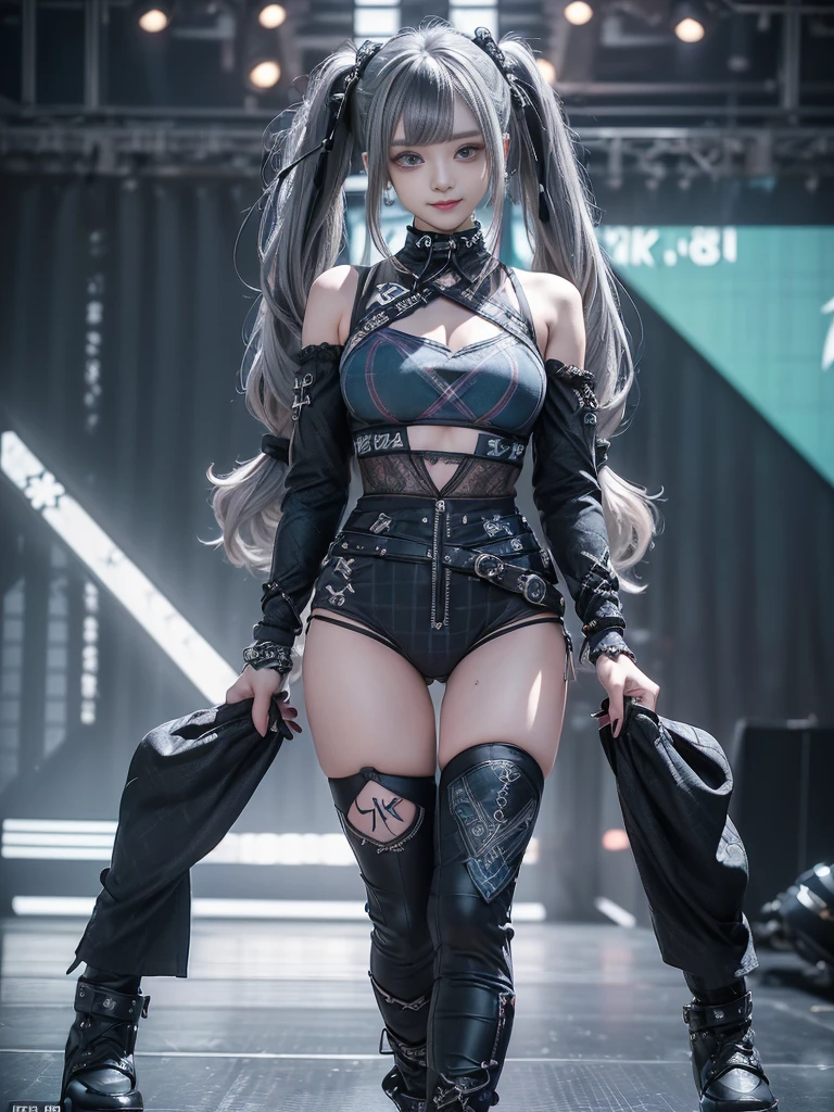 (Full body image:1.4)、(Side view:1.2)、(Smiling with teeth showing:1.3),(Shibuya Gal:1.5)、(Fashion in the style of Gothic ta:1.5)、(Punk rock visual kei:1.5)、(Wearing a rhythmic gymnastics bodysuit with intricate details:1.4)、(Complex white racing suit and pants, Denim and turquoise decor:1.5)、(Denim and light blue and white boots:1.3)、((belt))、(A number of subtle logos are featured throughout the costume々:1.4)、(collar:1.3)、(Plaid underwear:1.5)、20-year-old、Browsing Caution、((Highest quality、In 8K、masterpiece:1.3))、Sharp focus:1.2、(Layered Cut、Huge boobs:1.1),Beautiful woman with perfect figure:1.4、(Dance vigorously:1.3)、Slim Abs:1.2、Highly detailed face and skin texture、Detailed eyes、double eyelid,(Twin tails:1.3)、(Dark silver hair:1.3)、Idol Sculpture、(The background is the stage for a fashion show:1.3)、(The body is slim:1.3),(Slimming your legs:1.4),(clavicle:1.1)、(Thin and slim thighs:1.3)