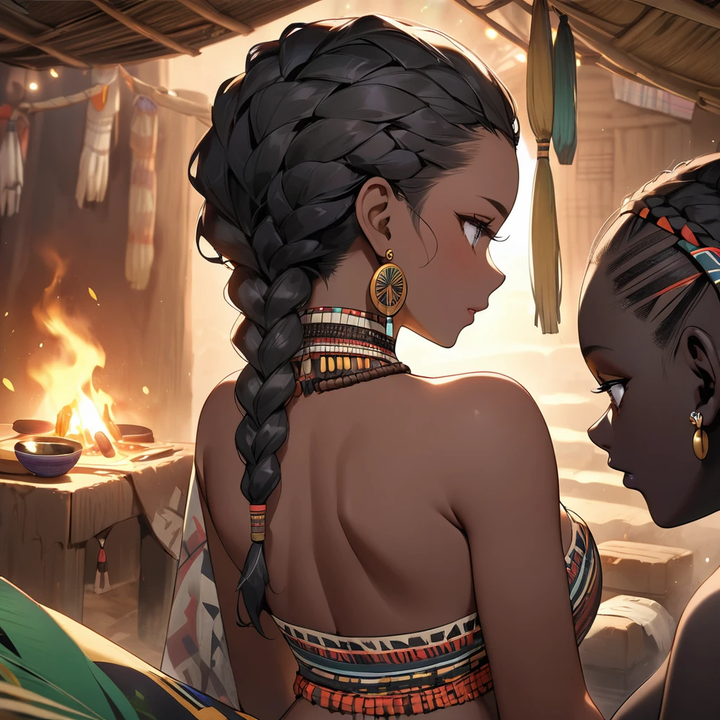 ((Highest quality)), ((masterpiece)), (detailed), (Perfect Face)、The woman has bright black skin、(Ghana braids with strong curly hair slicked back)、Black, dark skinned, African native tribal woman、The amount of hair is small、Black Hair、Very short curly hair、Ghana braid hair, finely and delicately braided into Ghana braids and slicked back、A black African woman with braided hair, low volume, tribal earrings and tribal accessories, beautifully dressed and wearing tribal makeup、A beautiful tribal woman with tattoos all over her body、Women in tribal village night rituals、The woman's hair is dyed black by the other women in the village and styled like an African woman's.、the woman is pregnant