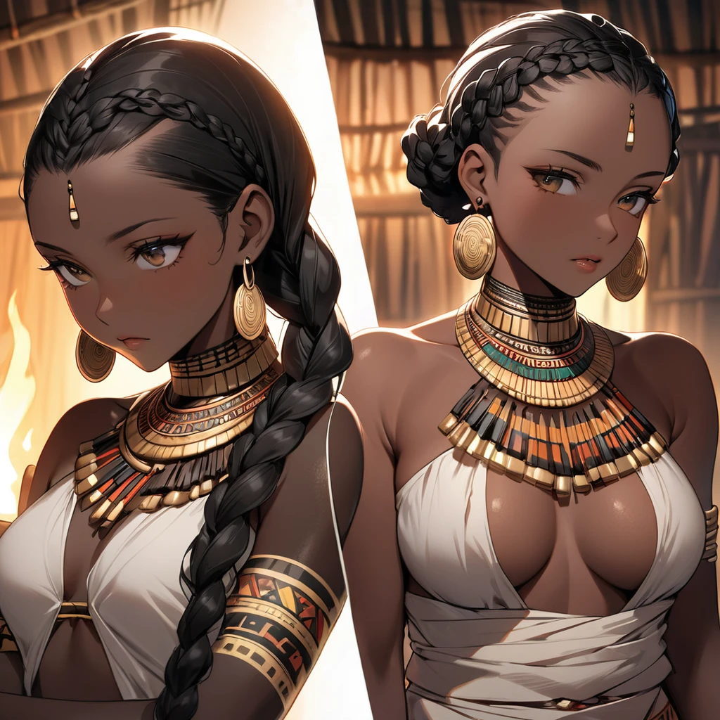 ((Highest quality)), ((masterpiece)), (detailed), （Perfect Face）、The woman has bright black skin、（Ghana braids with strong curly hair slicked back）、Black, dark skinned, African native tribal woman、The amount of hair is small、Black Hair、Very short curly hair、Ghana braid hair, finely and delicately braided into Ghana braids and slicked back、A black African woman with braided hair, low volume, tribal earrings and tribal accessories, beautifully dressed and wearing tribal makeup、A beautiful tribal woman with tattoos all over her body、Women in tribal village night rituals、The woman&#39;s hair is dyed black by the other women in the village and styled like an African woman&#39;s.、the woman is pregnant