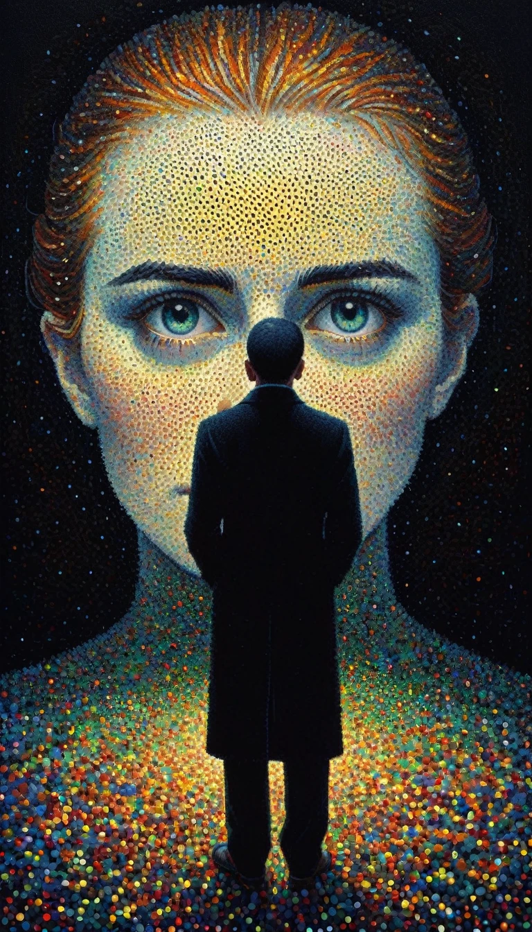 pointillism, a tormented genius contemplates the futility of things and concludes that everything is useless, micro dots representing blind spots, 8k, work of art, Brilliant composition, deep dark contrast, minimal use of colors