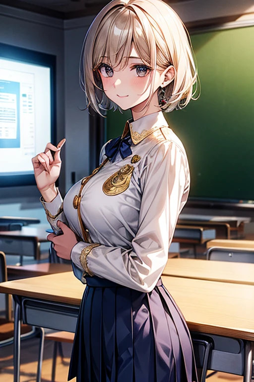 High-quality, ultra-realistic portraits。
(Big eyes、Gentle features、Natural smile)、((Asymmetrical shorthair、light brown))、Light Skin Tone、Healthy and smooth skin、(White long sleeve blouse:1.4、Lace trim on collar、Navy blue blazer:1.5、Gold on、School emblem on breaket、Navy and white checkered pleated skirt:1.5)、Simple er earrings、Slim wristwatch、 Black Loafers、((In the background is a classroom with advanced digital screens.:1.3))。