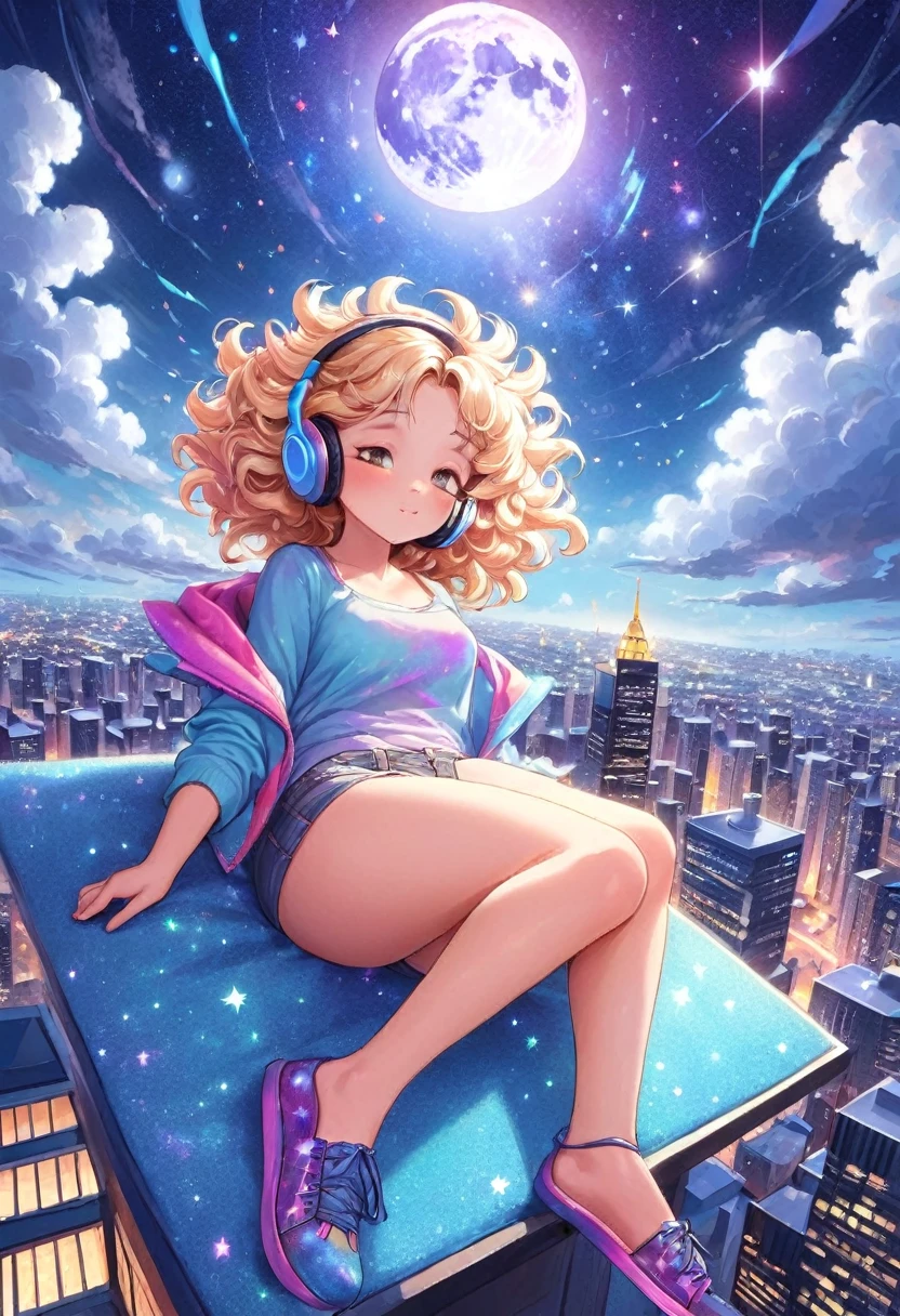 A beautiful fantasy style painting of a beautiful blonde woman with big messy hair, floating on a cloud gracefully laying on the cloud, wearing headphones, with moon light, twinkling stars and stardust, vibrant and colorful, full body shot, looking down at a small city at night, cityscape, colorful stardust, fantasy art style, rossdraws cartoon vibrant, cute detailed digital art, colorfull digital fantasy art, digital fantasy art ), glossy digital painting, rossdraws pastel vibrant, rossdraws 2. 5, rossdraws 1. 0