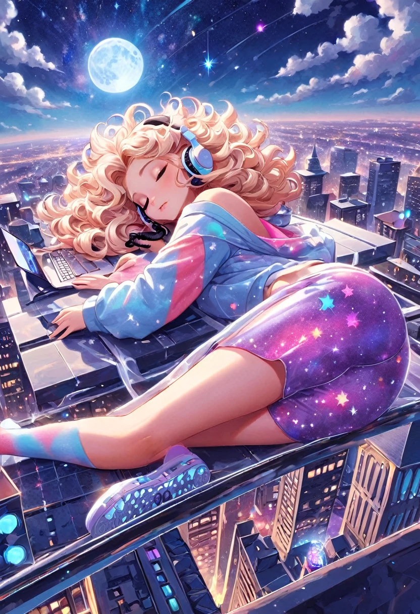 A beautiful fantasy style painting of a beautiful blonde woman with big messy hair, floating on a cloud gracefully laying on the cloud, wearing headphones, with moon light, twinkling stars and stardust, vibrant and colorful, full body shot, looking down at a small city at night, cityscape, colorful stardust, fantasy art style, rossdraws cartoon vibrant, cute detailed digital art, colorfull digital fantasy art, digital fantasy art ), glossy digital painting, rossdraws pastel vibrant, rossdraws 2. 5, rossdraws 1. 0